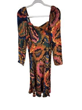 Farm Rio Floral Midi Dress Bold Print Long Sleeve Open Back Medium